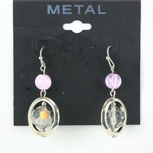 Metal Earrings 1.25" Pink Beads Silver-tone